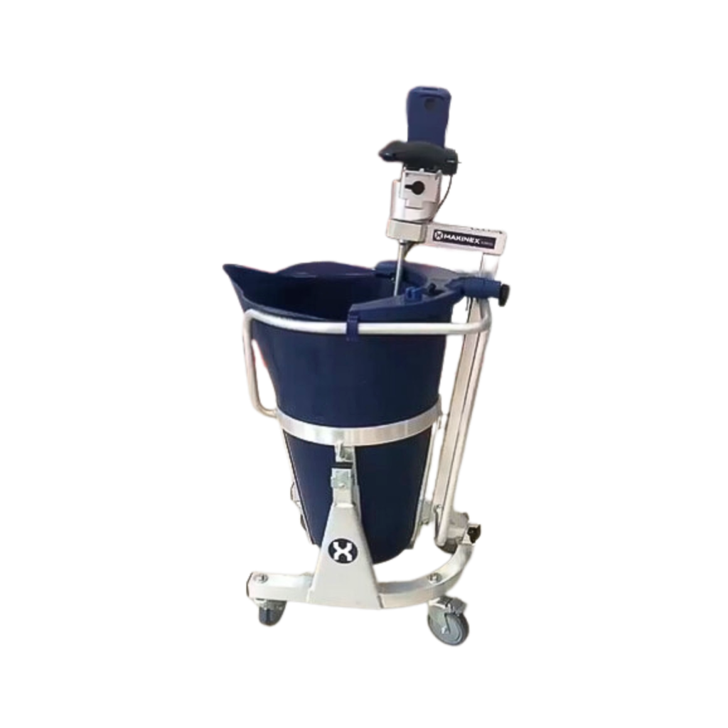 A blue bucket on a wheeled stand with a handle and an electric mixer.