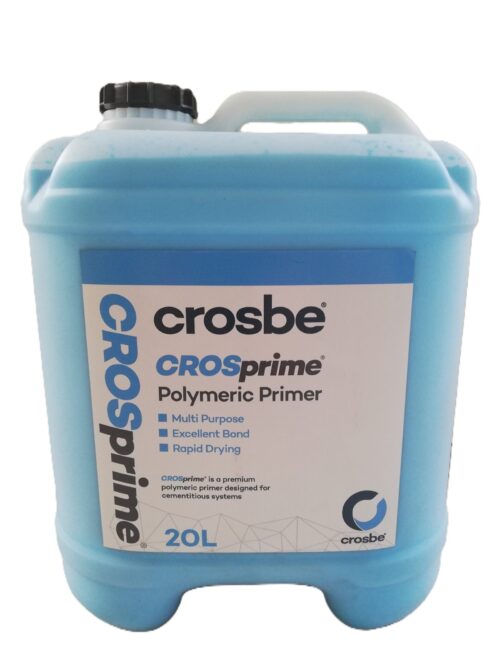 A blue container labeled "CROSprime Polymeric Primer" with specifications for being multi-purpose, having excellent bond qualities, and rapid drying. The container holds 20 liters.