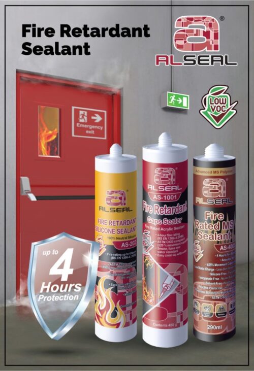 A poster featuring an image of a fire extinguisher, with text listing various fire retardant products including "Fire Retardant MS Sealant ALSEAL," "Acrylic-based sealant ALSEAL AS-1001," and "Silicone Sealant Rated MS Sealant up to 4 Hours Protection." The design includes a bottle image relevant to the general supply.